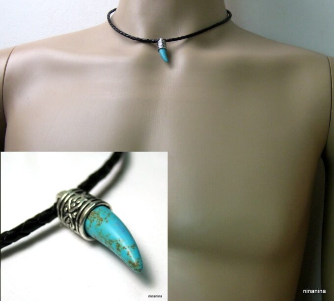 N2765terf_collier_homme_cordon_cuir_tresse_et_corne_turquoise-1