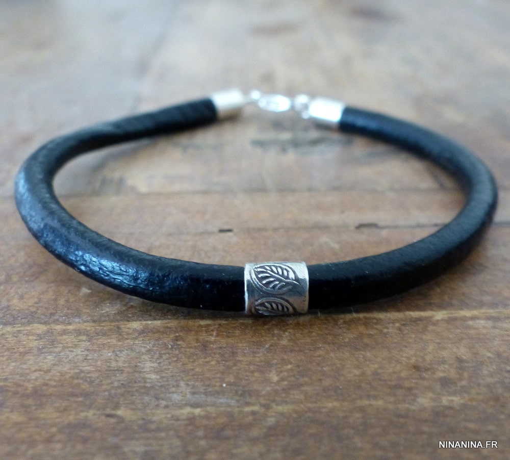 Bracelet gros cordon cuir perle tube Argent 925 massif – Image 13