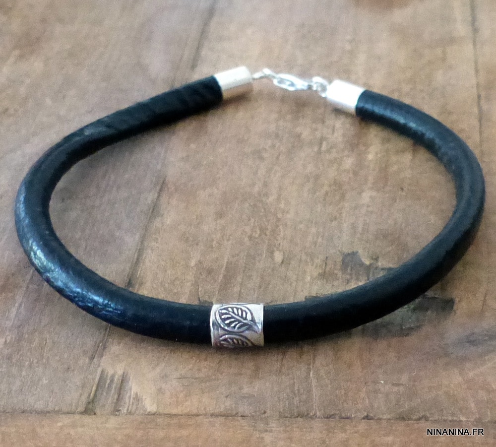 Bracelet gros cordon cuir perle tube Argent 925 massif – Image 22