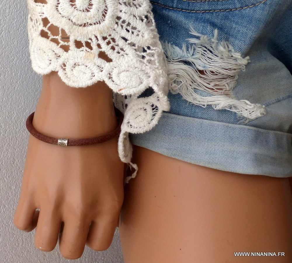Bracelet gros cordon cuir perle tube Argent 925 massif – Image 3