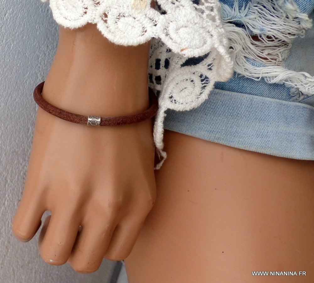 Bracelet gros cordon cuir perle tube Argent 925 massif – Image 11