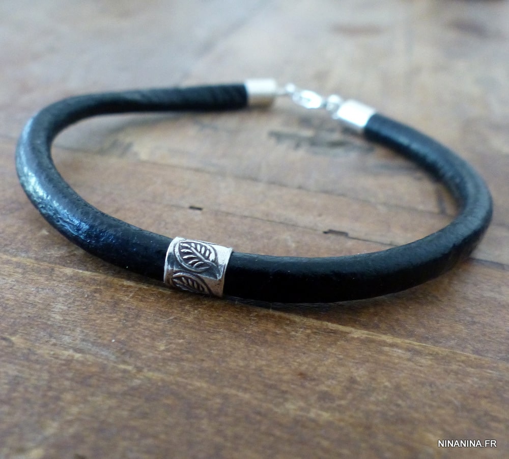 Bracelet gros cordon cuir perle tube Argent 925 massif – Image 5