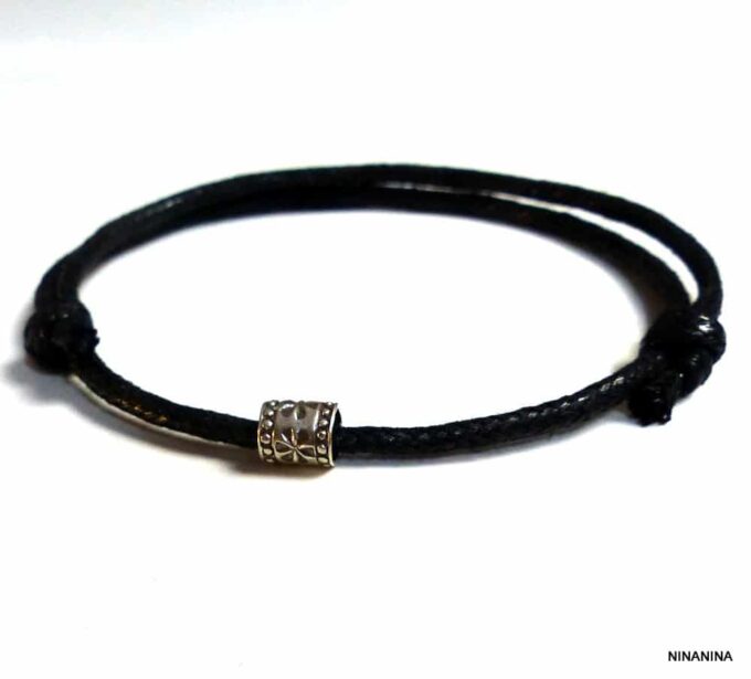 N2776b_Bracelet_homme_cordon_cuir_perle_tube_argent_925_massif