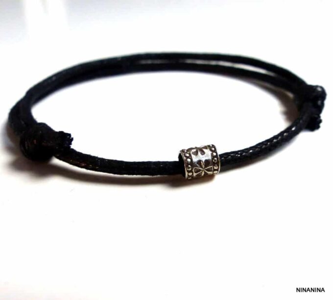 N2776f_Bracelet_homme_cordon_cuir_perle_tube_argent_925_massif