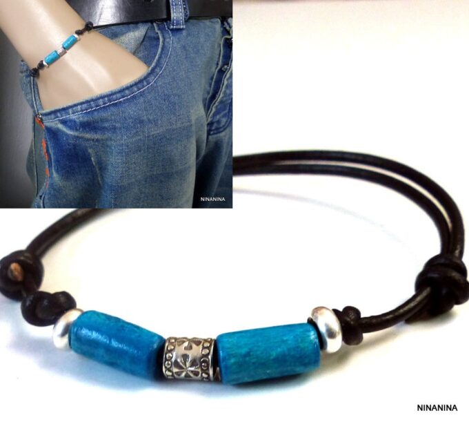 N2778ter_Bracelet_homme_fil_cordon_cuir_argent_massif_perles_bois