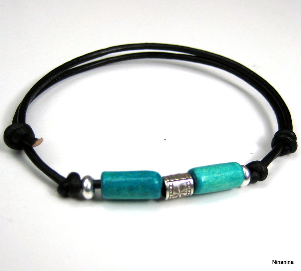 Bracelet homme perles bois Argent 925 massif cordon cuir – Image 4