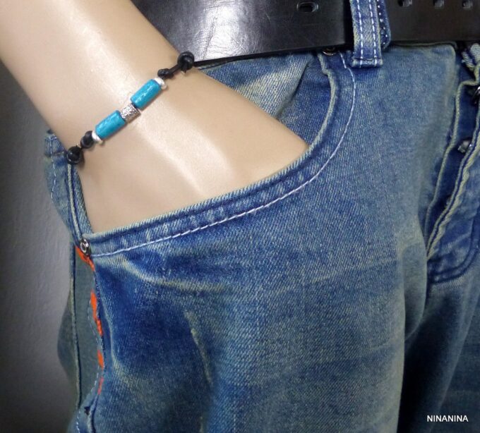 N2778terb_Bracelet_homme_fil_cordon_cuir_argent_massif_perles_bois