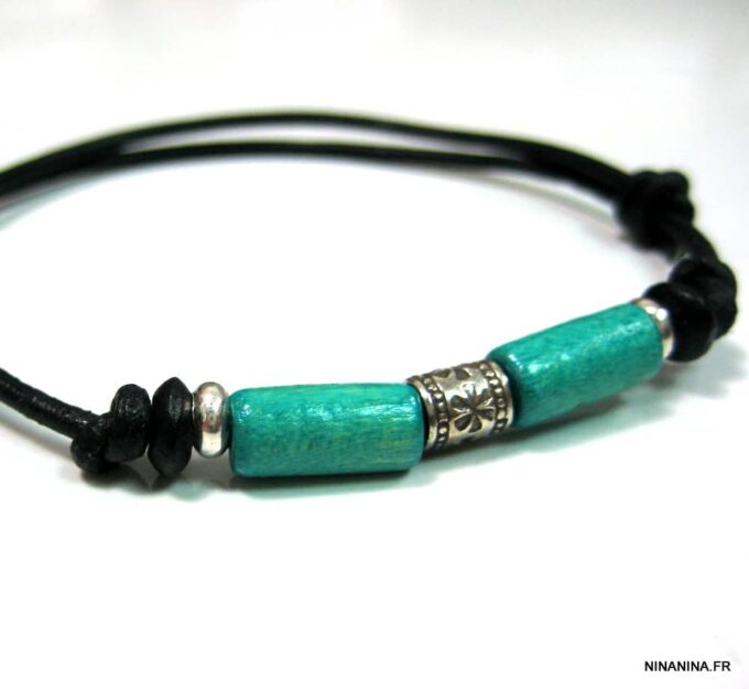 N2778terb_bracelet_cordon_cuir_argent_massif_bois_turquoise