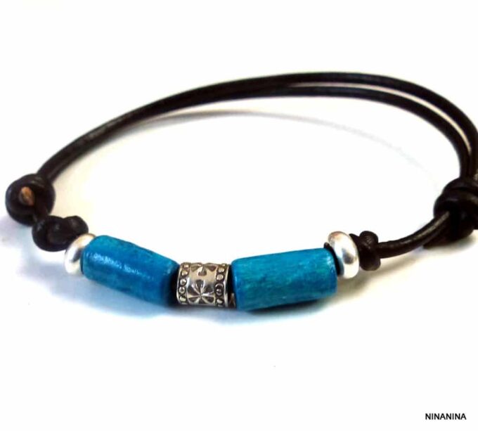 N2778terc_Bracelet_homme_fil_cordon_cuir_argent_massif_perles_bois