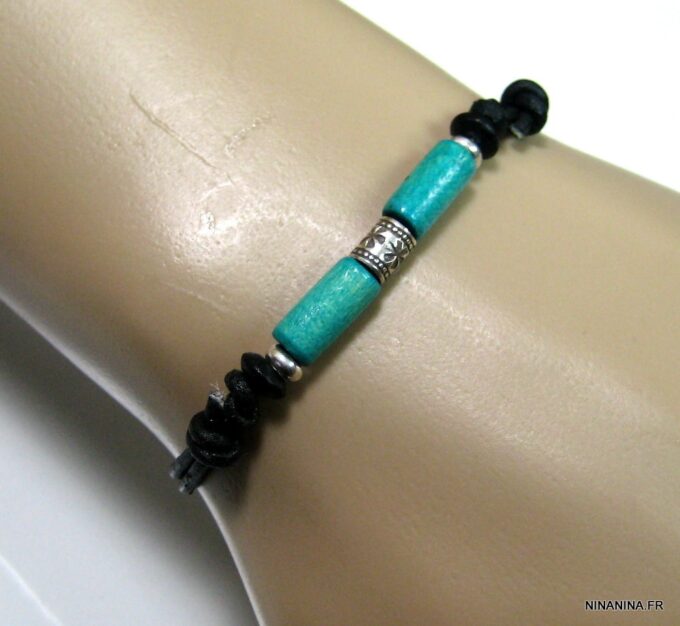 N2778terc_bracelet_cordon_cuir_argent_massif_bois_turquoise