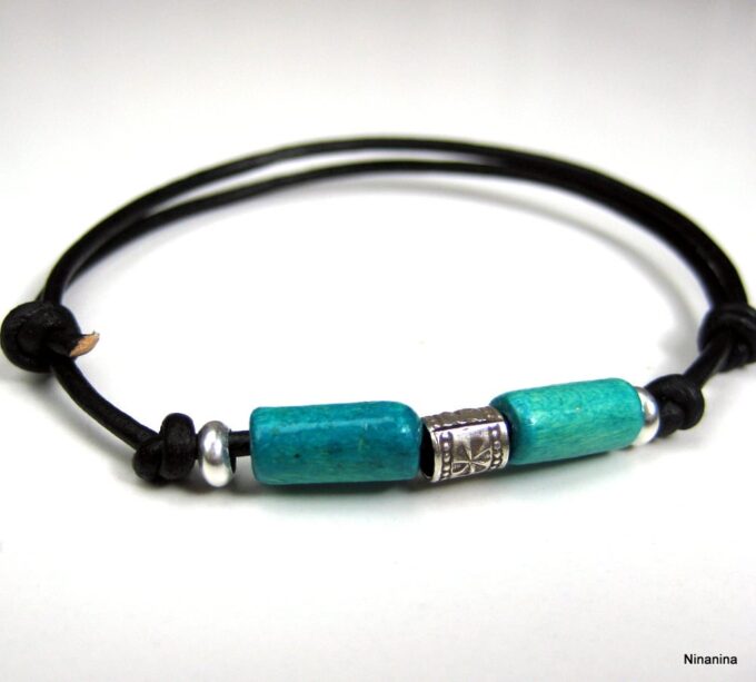 N2778terc_bracelet_cordon_cuir_et_turquoise_argent_massif