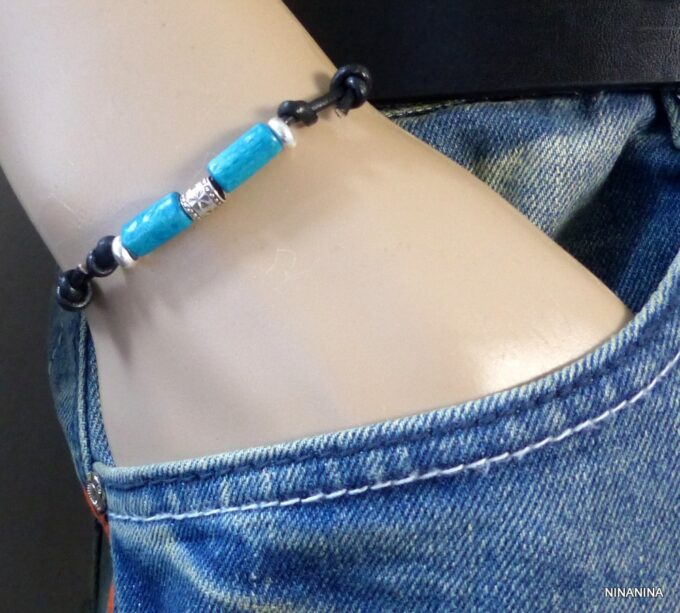 N2778terd_Bracelet_homme_fil_cordon_cuir_argent_massif_perles_bois