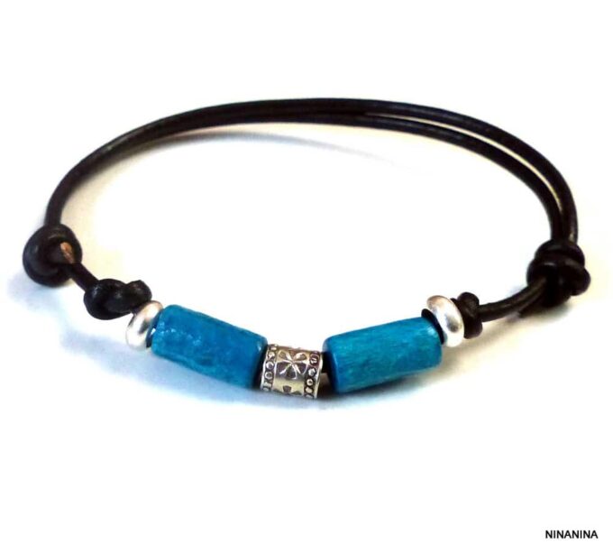 N2778tere_Bracelet_homme_fil_cordon_cuir_argent_massif_perles_bois