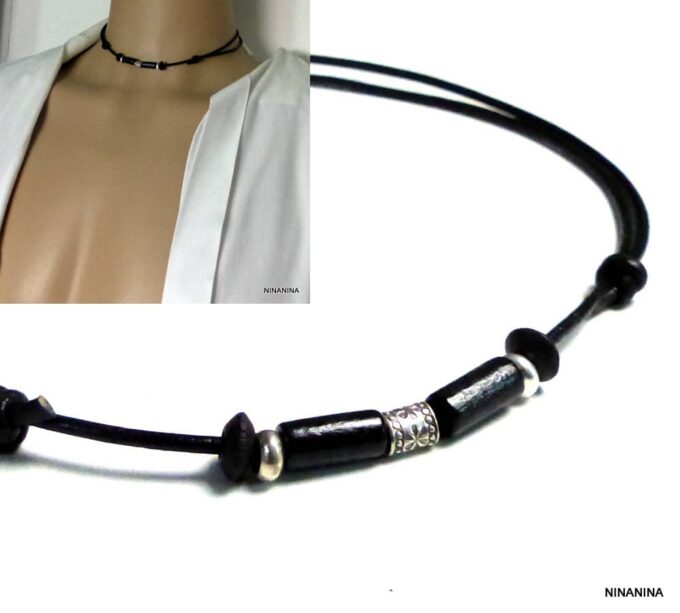 N2779ter_Collier_homme_cordon_cuir_argent_massif_perles_tube_bois