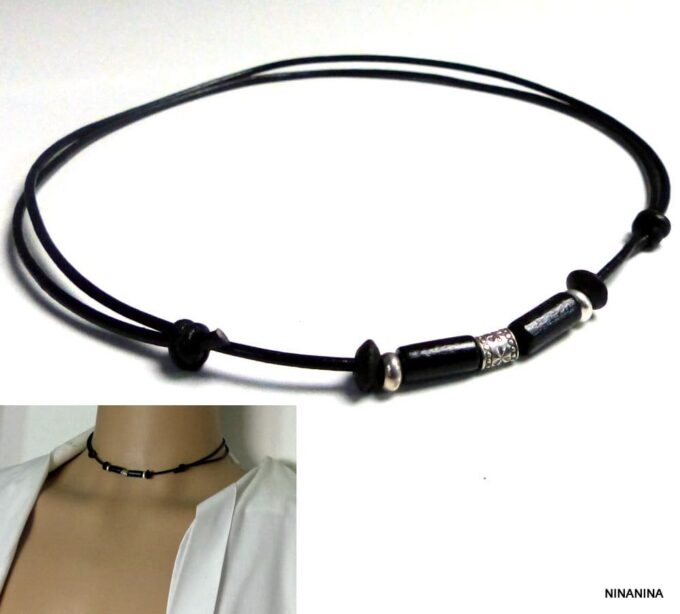 N2779terb_Collier_homme_cordon_cuir_argent_massif_perles_tube_bois