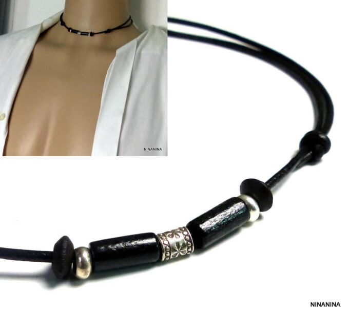 N2779tere_Collier_homme_cordon_cuir_argent_massif_perles_tube_bois