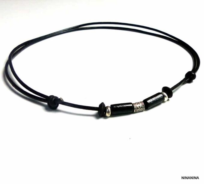 N2779terg_Collier_homme_cordon_cuir_argent_massif_perles_tube_bois