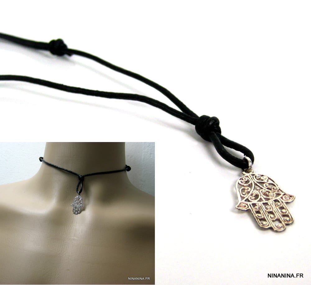 Collier Main de fatima homme Cordon Cuir Argent 925 massif