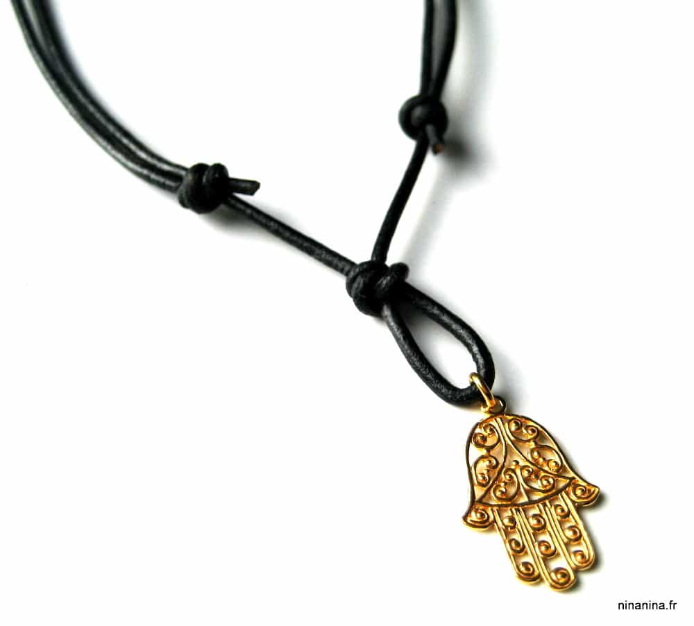 Collier cordon cuir main de fatma Plaqué Or – Image 11