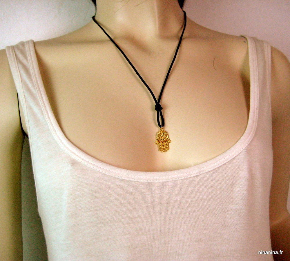 Collier cordon cuir main de fatma Plaqué Or – Image 2