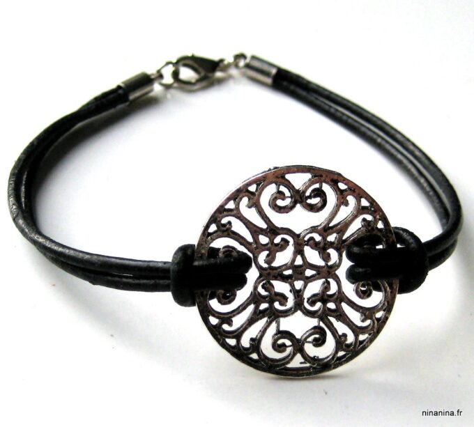 N2826_bracelet_cordon_cuir_rosace_argent