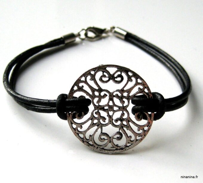 N2826a_bracelet_cordon_cuir_rosace_argent