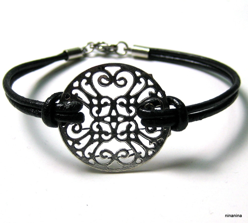 Bracelet cordon cuir femme rosace métal argenté – Image 4