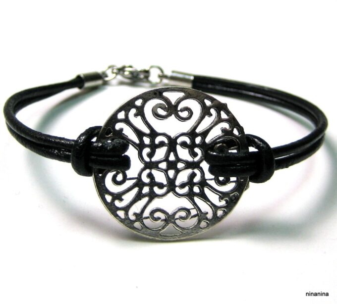 N2826terc_bracelet_cordon_cuir_et_rosace_filigranee_argent