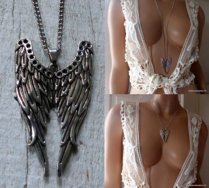 N2827 Collier long femme pendentif aile d'ange argenté - Bijoux colliers en ligne Ninanina