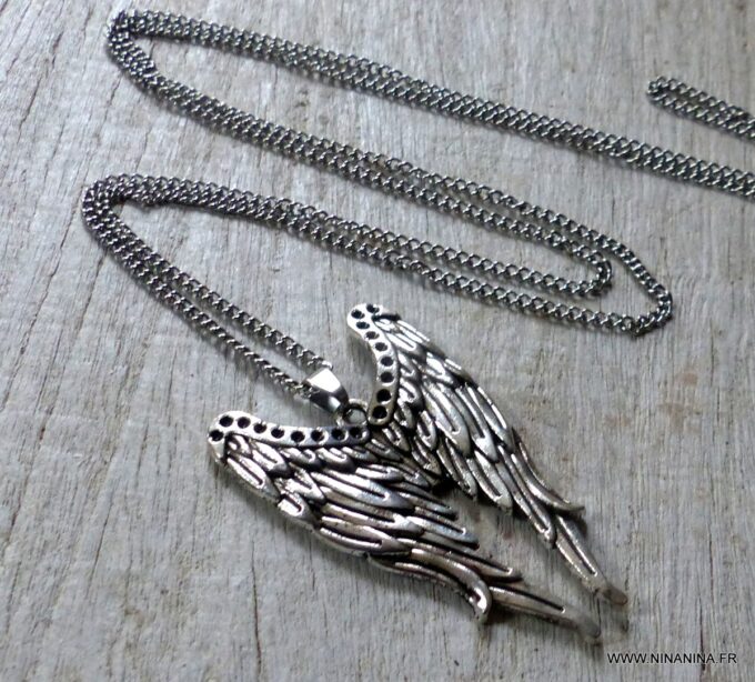 N2827d Collier long femme pendentif aile d'ange argenté - Bijoux colliers en ligne Ninanina