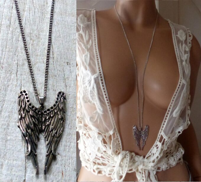 N2827f Collier long femme pendentif aile d'ange argenté - Bijoux colliers en ligne Ninanina