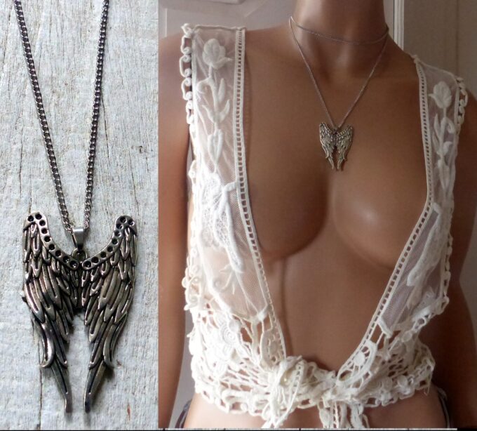 N2827h Collier long femme pendentif aile d'ange argenté - Bijoux colliers en ligne Ninanina