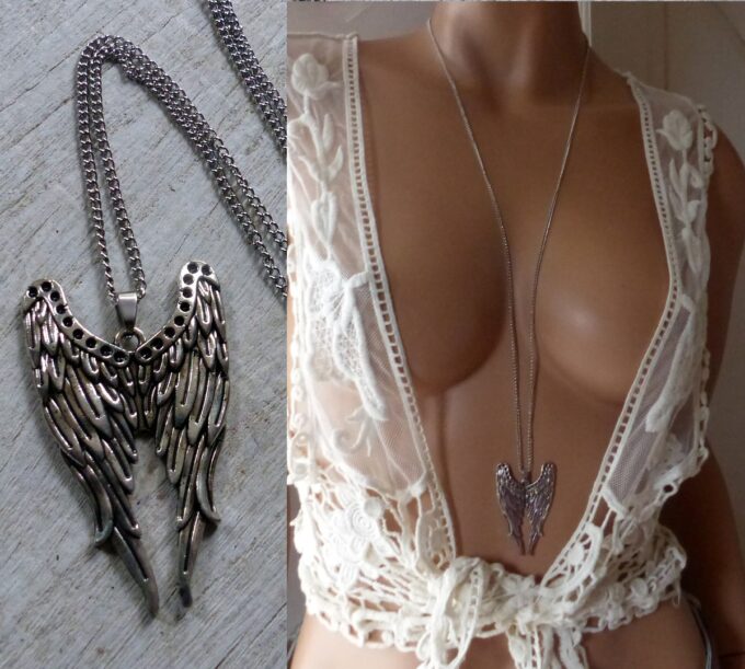 N2827j Collier long femme pendentif aile d'ange argenté - Bijoux colliers en ligne Ninanina
