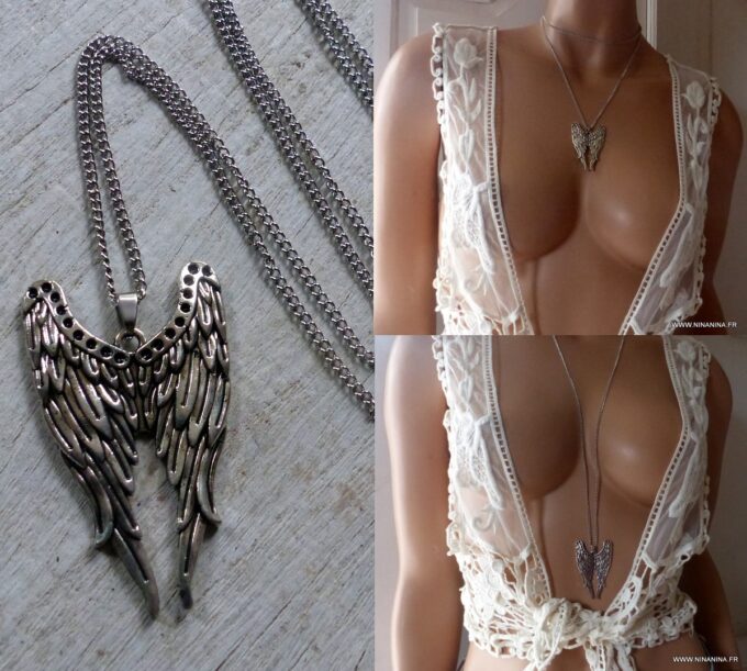 N2827l Collier long femme pendentif aile d'ange argenté - Bijoux colliers en ligne Ninanina