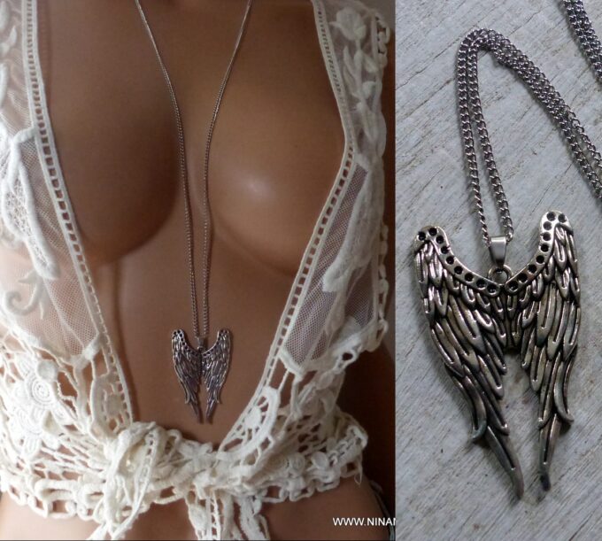 N2827n Collier long femme pendentif aile d'ange argenté - Bijoux colliers en ligne Ninanina