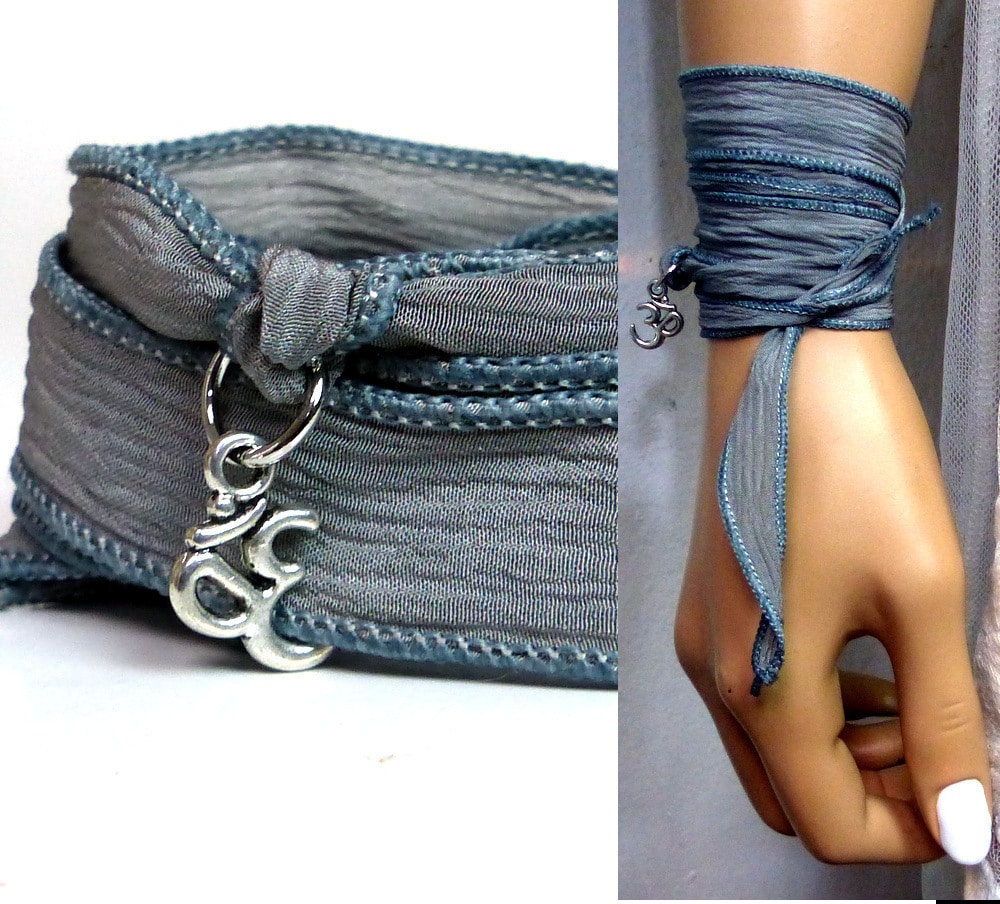 Bracelet wrap lien soie chakra métal argent