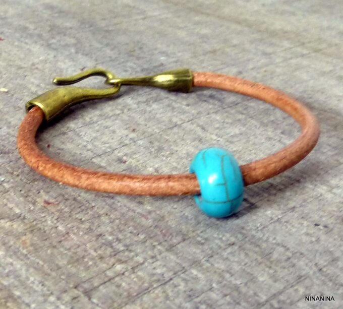 N2898ter_Bracelet_homme_cuir_boule_turquoise_fermoir_crochet_metal_bronze