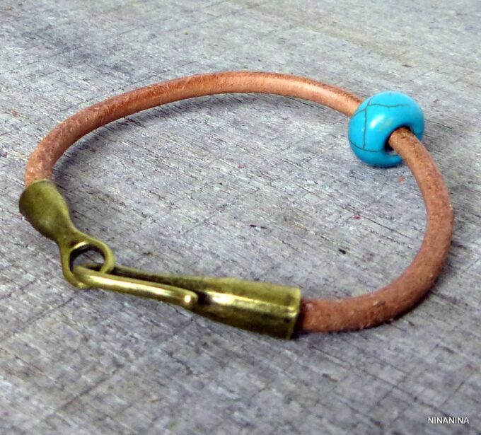 N2898terb_Bracelet_homme_cuir_boule_turquoise_fermoir_crochet_metal_bronze
