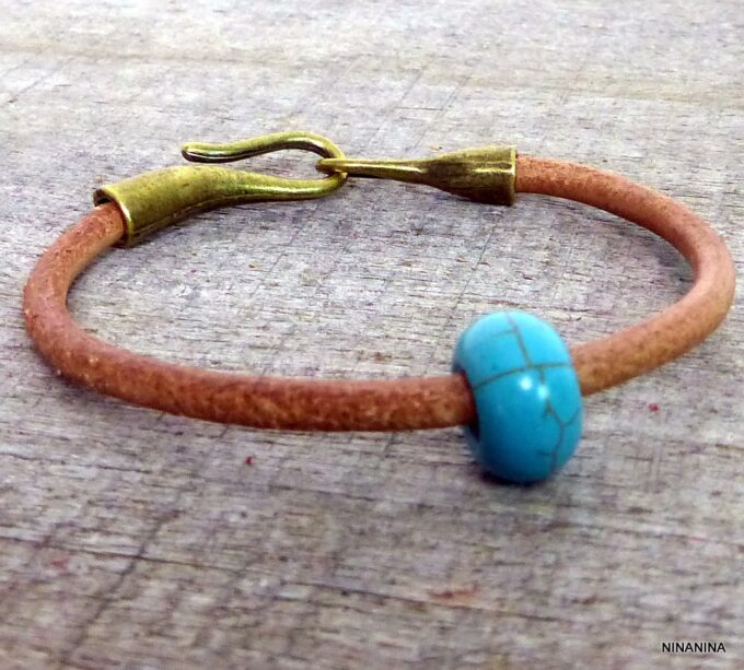 N2898terd_Bracelet_homme_cuir_boule_turquoise_fermoir_crochet_metal_bronze