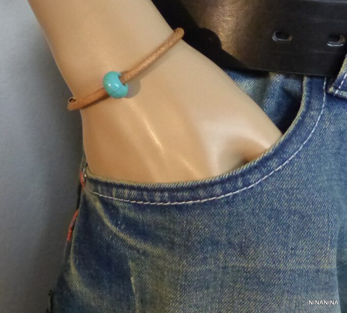 N2898terg_Bracelet_homme_cuir_boule_turquoise_fermoir_crochet_metal_bronze