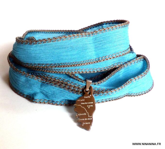 N2917l_Bracelet_wrap_soie_lavee_turquoise_pendentif_CORSE_acier_inoxydable_-_Bijoux_Bracelets_en_ligne_NINANINA