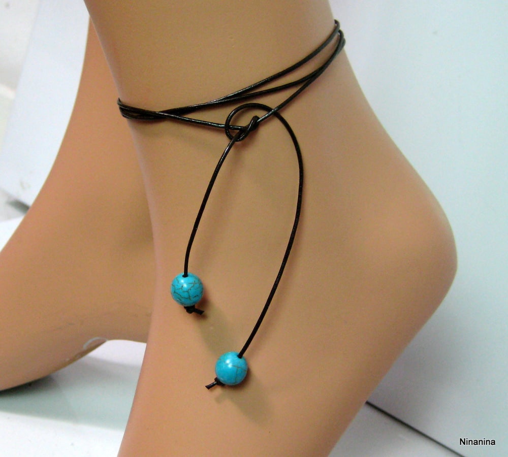 Bracelet de cheville cuir et perle turquoise – Image 7