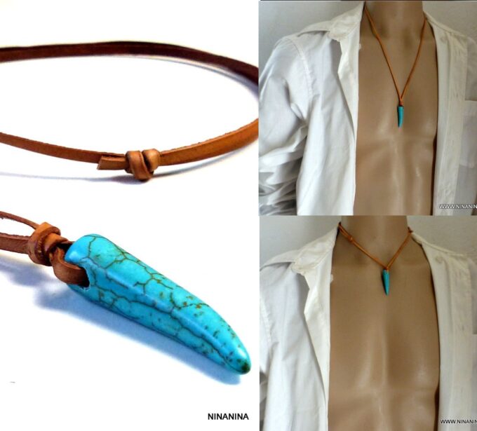 N2960 Collier pendentif corne turquoise homme lacet cuir naturel - Bijoux Colliers en ligne Ninanina