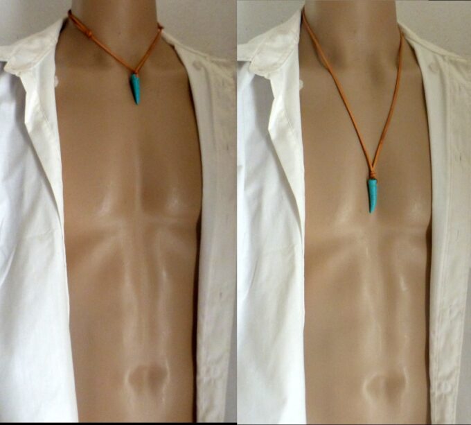 N2960a Collier pendentif corne turquoise homme lacet cuir - Bijoux Colliers en ligne Ninanina