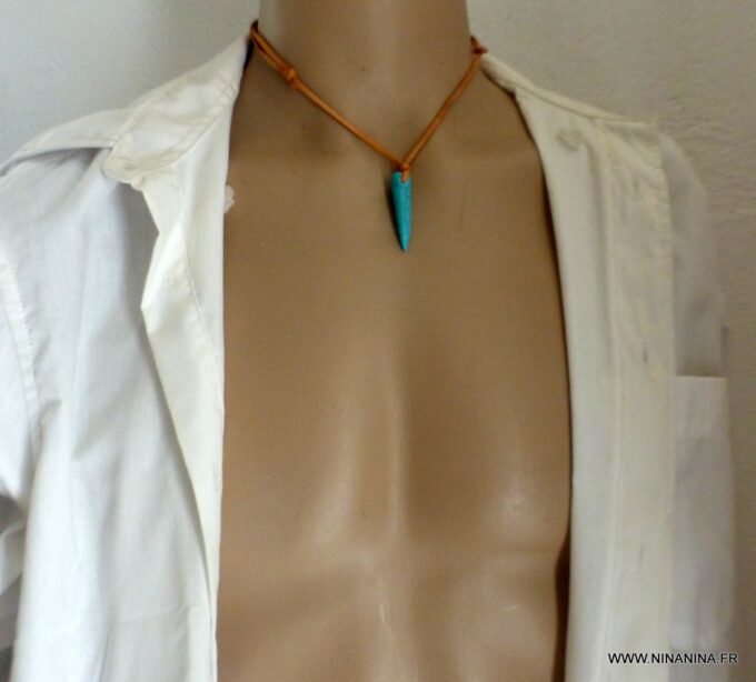 N2960b Collier pendentif corne turquoise homme lacet cuir - Bijoux Colliers en ligne Ninanina
