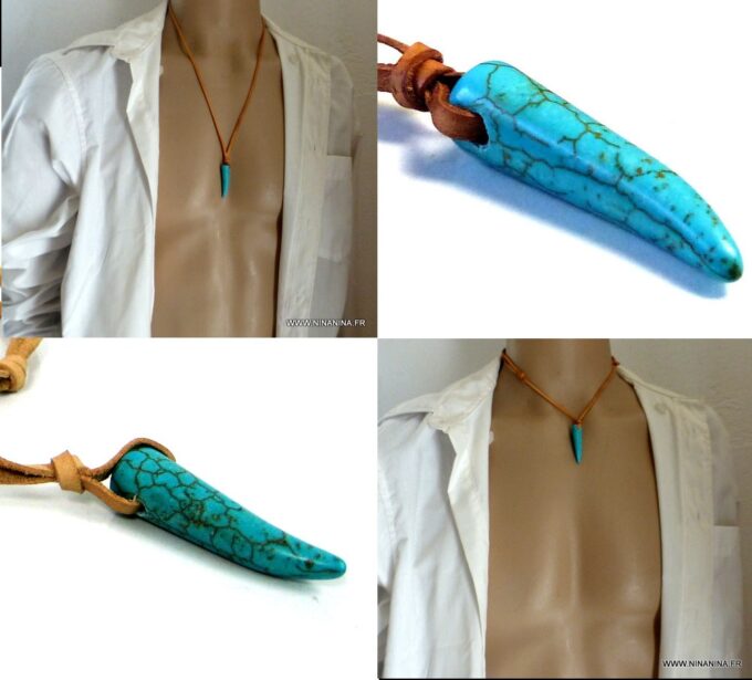 N2960bis Collier pendentif corne turquoise homme lacet cuir naturel - Bijoux Colliers en ligne Ninanina