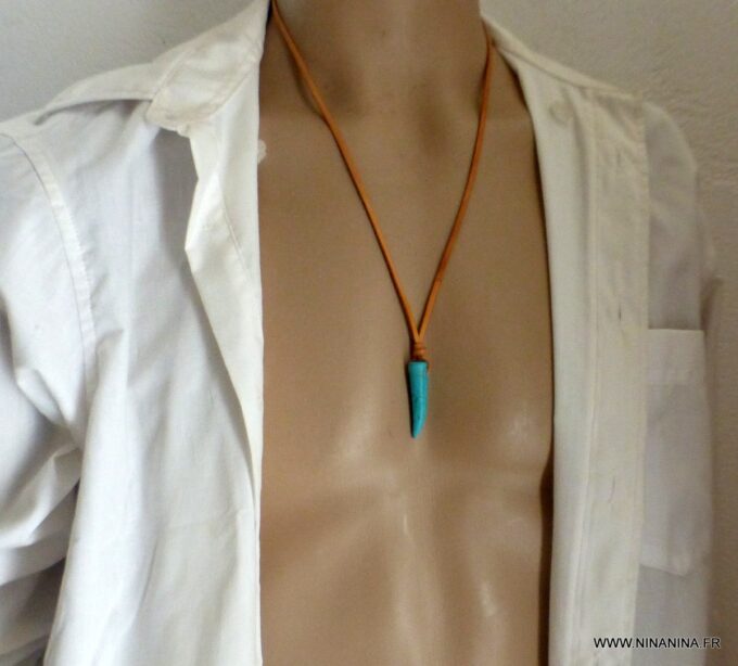 N2960c Collier pendentif corne turquoise homme lacet cuir - Bijoux Colliers en ligne Ninanina
