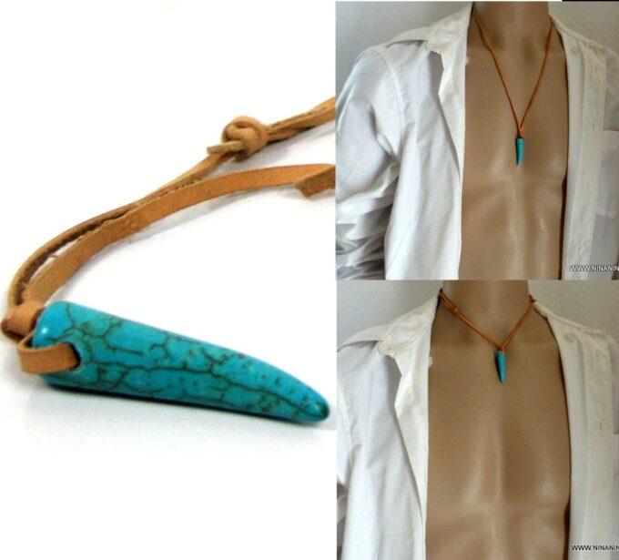 N2960d Collier pendentif corne turquoise homme lacet cuir naturel - Bijoux Colliers en ligne Ninanina