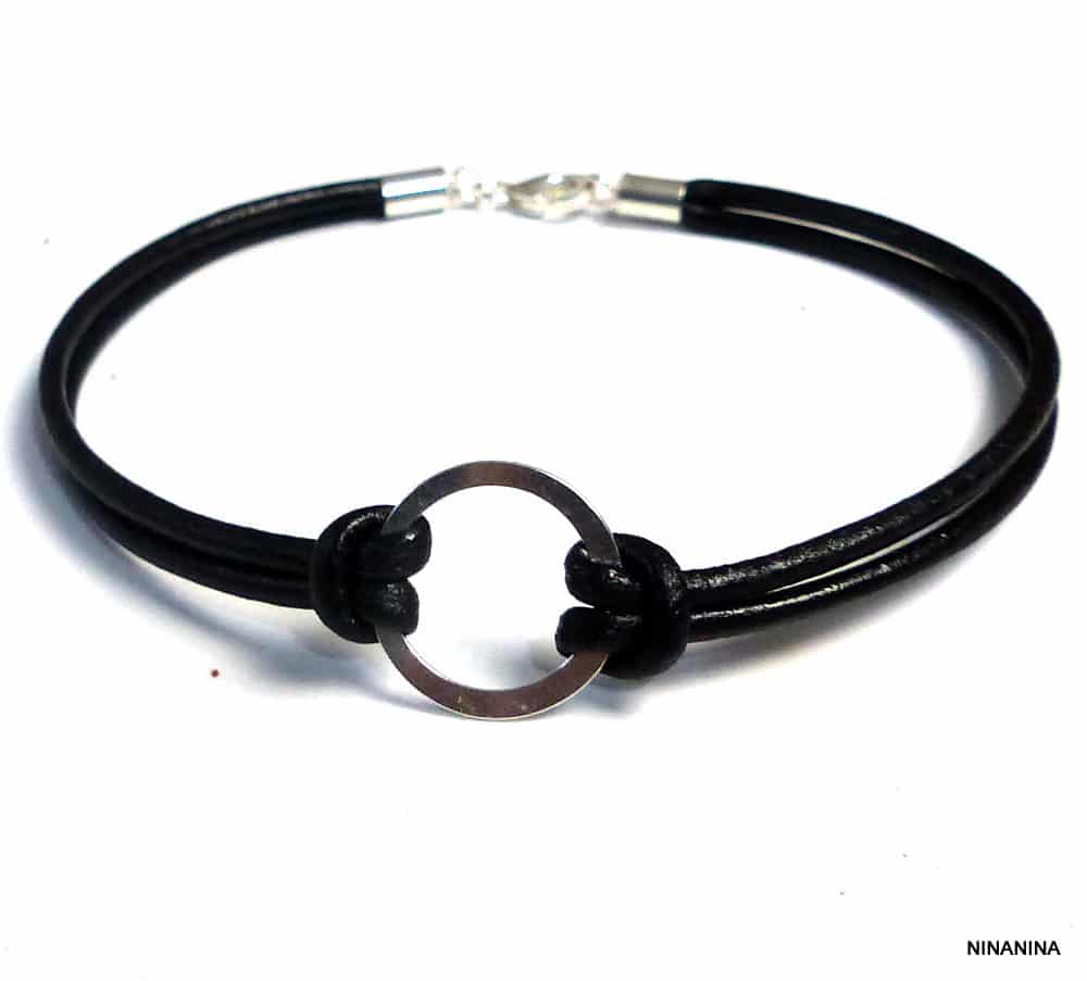 Bracelet cordon cuir anneau fin Argent 925 massif – Image 5