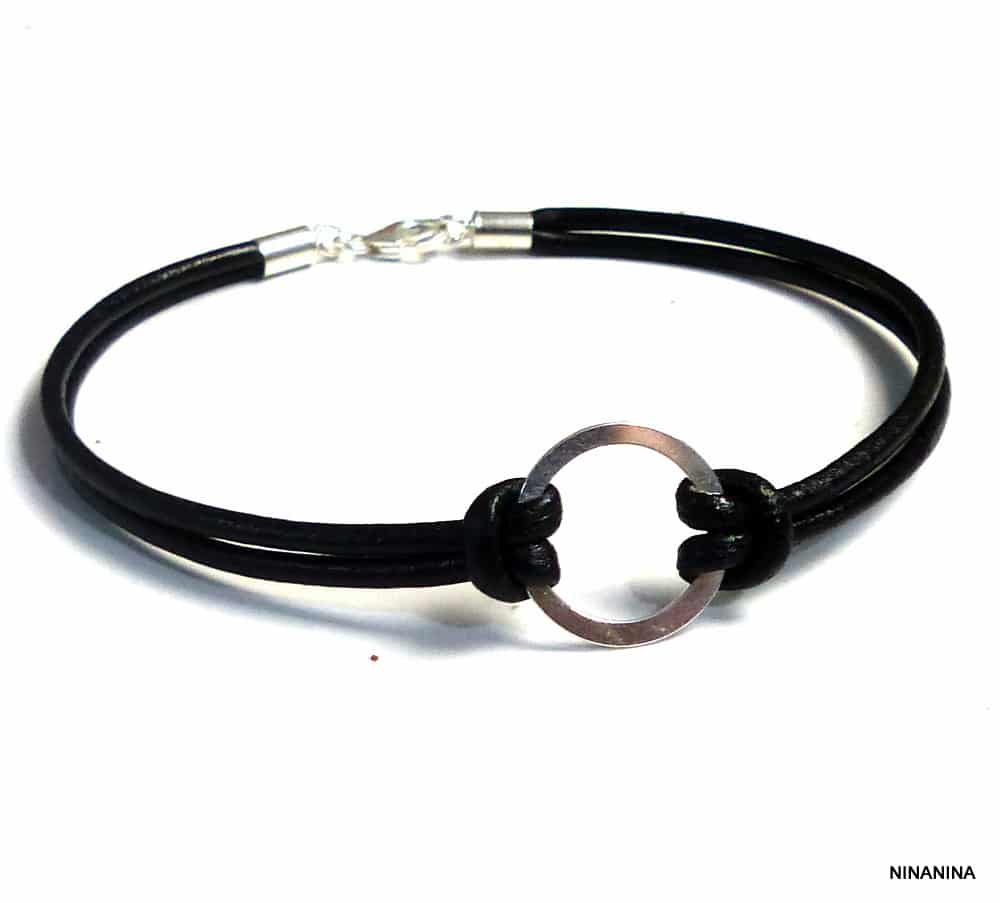 Bracelet cordon cuir anneau fin Argent 925 massif – Image 6